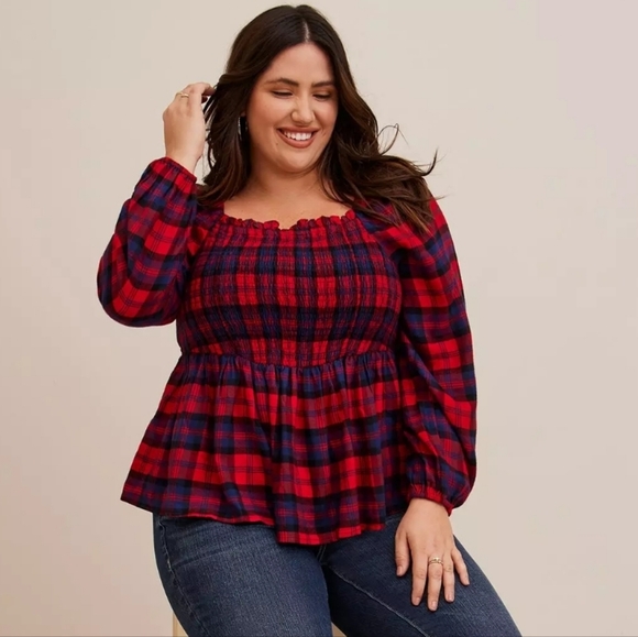 torrid Tops - Torrid Red and Blue Smocked Peplum Blouse with 3/4 Sleeves